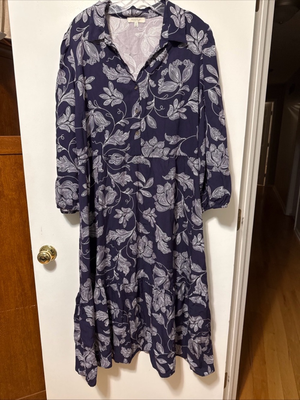 Angels Navy and White Floral Long-Sleeve Midi Dress